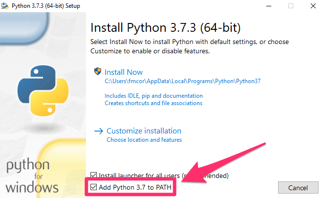 Image showing the checkbox needed for adding Python to the Path.